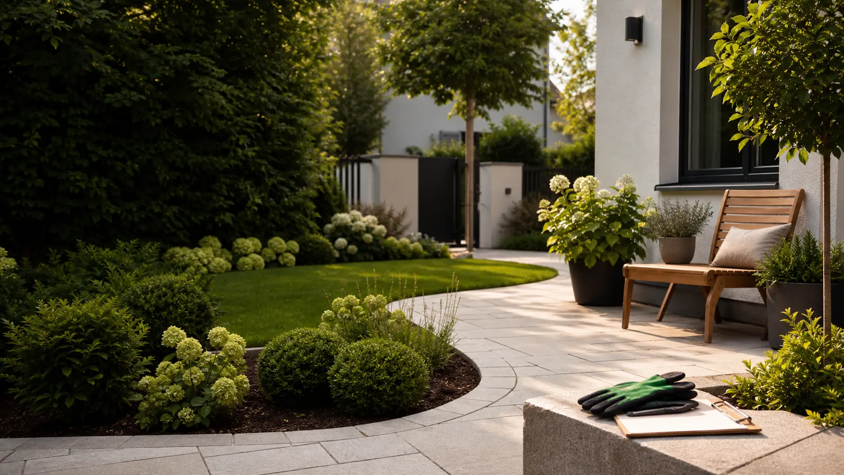KI-Visualisierung eines Gartens mit Terrasse und Sitzplatz