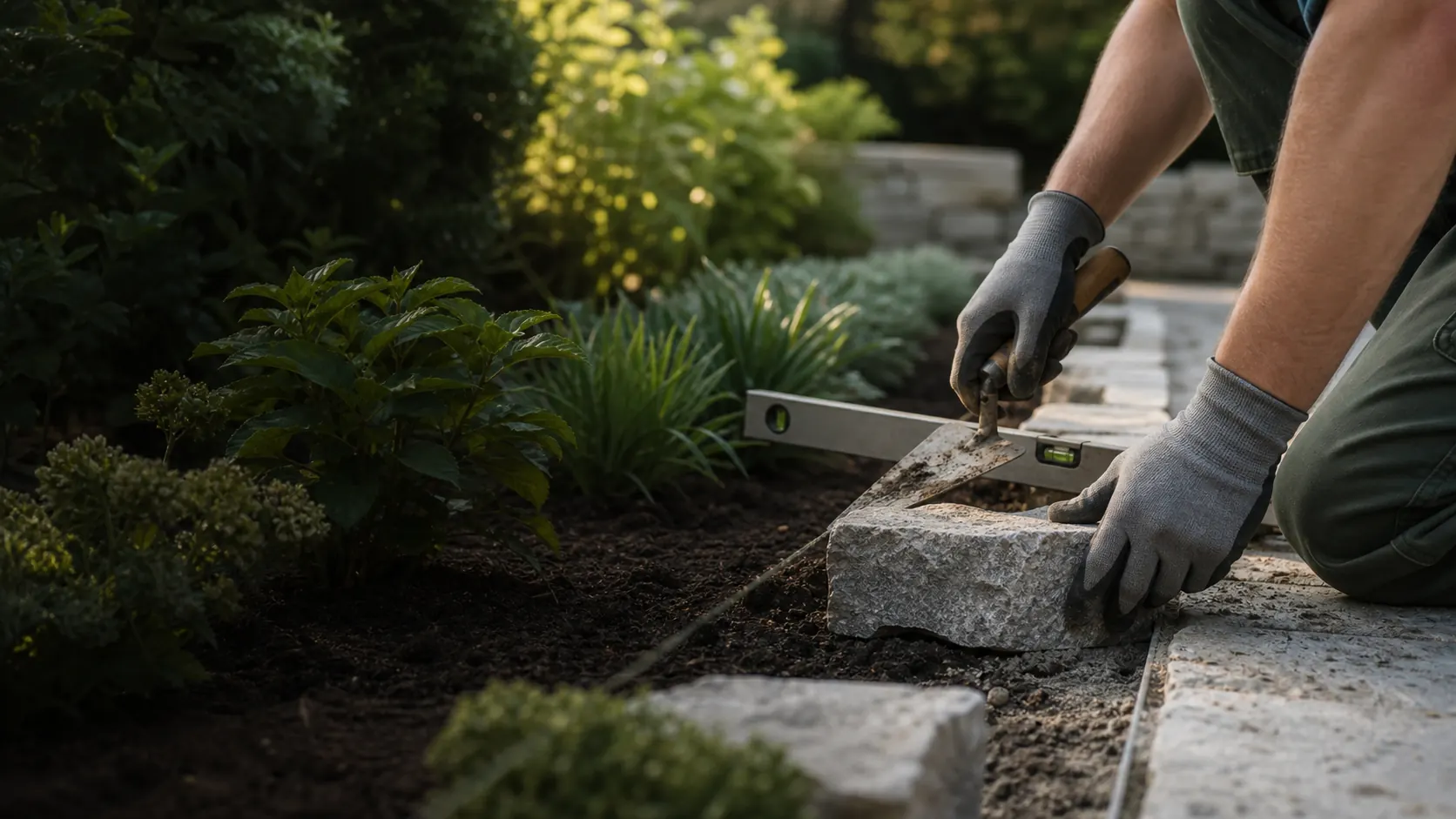 KI-Visualisierung einer handwerklichen Natursteinarbeit im Garten